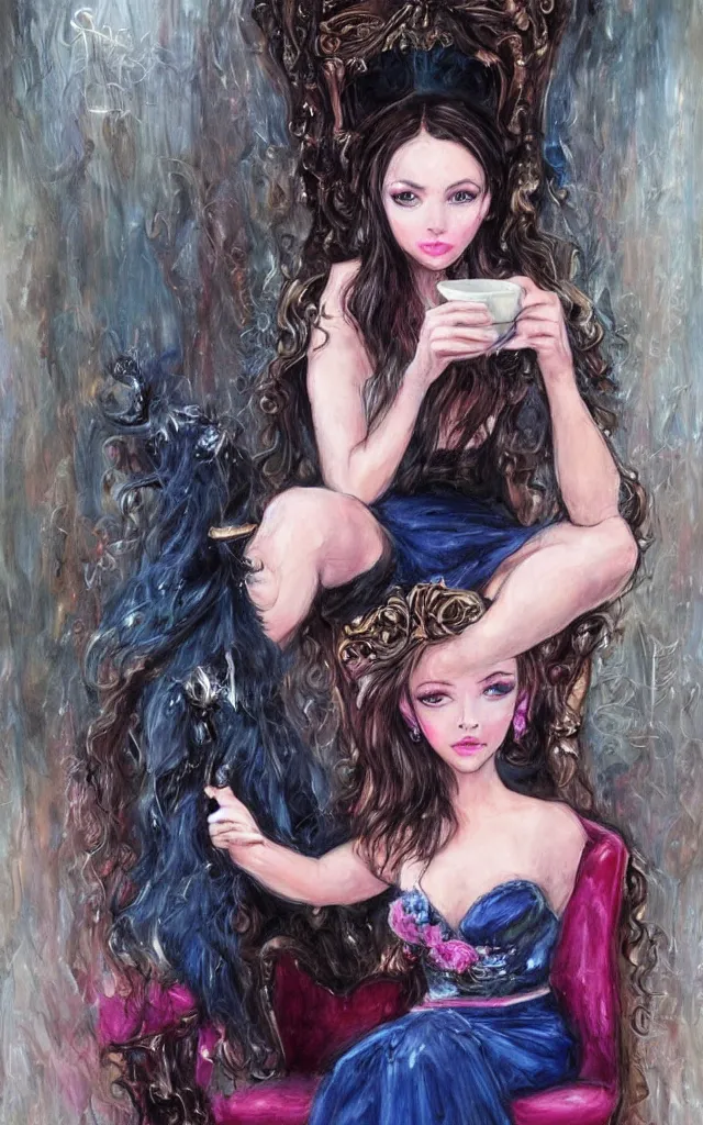 Image similar to beautiful young dark haired girl, with blue eyes, pink lips, dark eye shadow, lois royo style, dark princess of coffee, sitting on a throne drinking coffee.