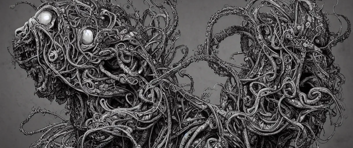 Image similar to centered horrifying detailed side view profile portrait of a insane, crazed, mad old bald zombie, eldritch abomination, dunwitch horror, ornate tentacles growing around, ornamentation, thorns, vines, tentacles, elegant, beautifully soft lit, full frame, 8 k by wayne barlowe, peter mohrbacher, kelly mckernan, h r giger