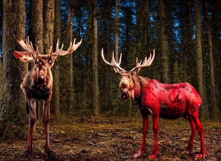 Prompt: an award winning photo of an! undead!!! zombie!! moose with red! eyes!, full body portrait, evening!! in the forest, 4 k, wildlife photography, high quality, national geographic