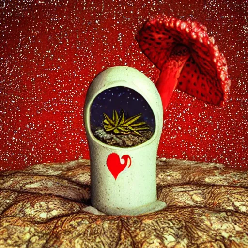 Image similar to amanita muscaria smoking weed, hyperreal, ethereal, realistic, space background