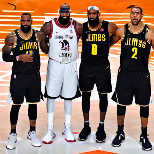 Prompt: three short men stacked on top of each other standing next to lebron james