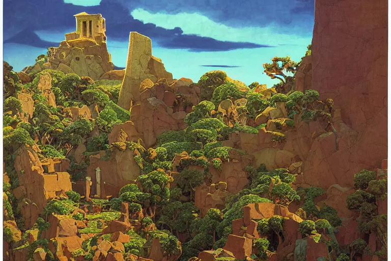 Prompt: ancient temple on a mountainside at dawn | by Paul O. Zelinsky and Maxfield Parrish and Nicholas Roerich and Donato Giancola | ornate carvings| climbing vines| rich color | dramatic cinematic lighting | extremely clear and detailed