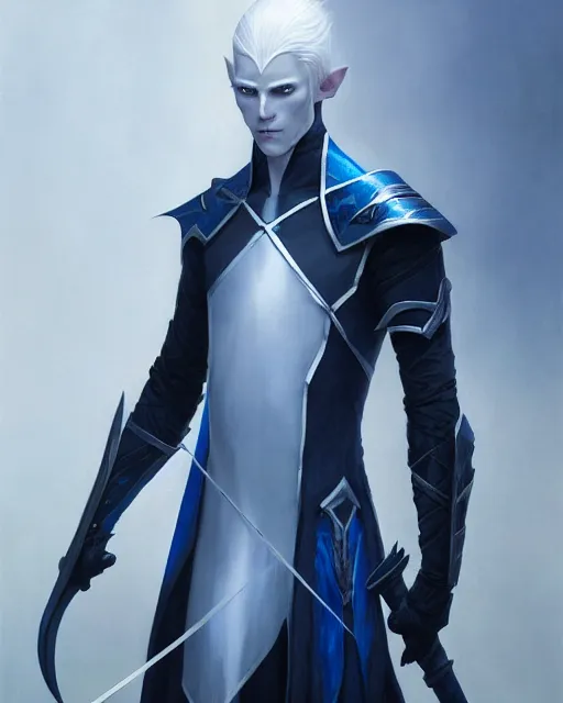 Prompt: character portrait of a slender young white haired half elven man with piercing blue eyes and pale bluish skin, wearing smooth sleek pearlescent black wraithbone armor, by greg rutkowski and mark brookes and jim burns and tom bagshaw and magali villeneuve, trending on artstation