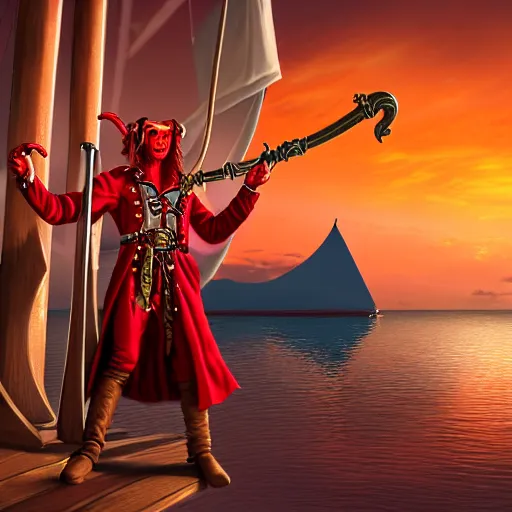 Image similar to a red skinned horned male tiefling, dungeons and dragons, wearing a pirate coat with shiny gold buckles and a rapier on his hip, standing at the prow of his ship looking out over the water, uhd, high detail, sunset lighting