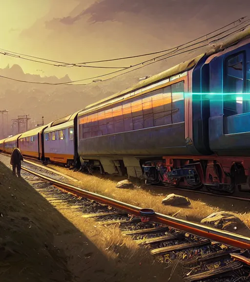 Image similar to highly detailed train in gta v, stephen bliss, unreal engine, fantasy art by greg rutkowski, loish, rhads, ferdinand knab, makoto shinkai and lois van baarle, ilya kuvshinov, rossdraws, tom bagshaw, global illumination, radiant light, detailed and intricate environment