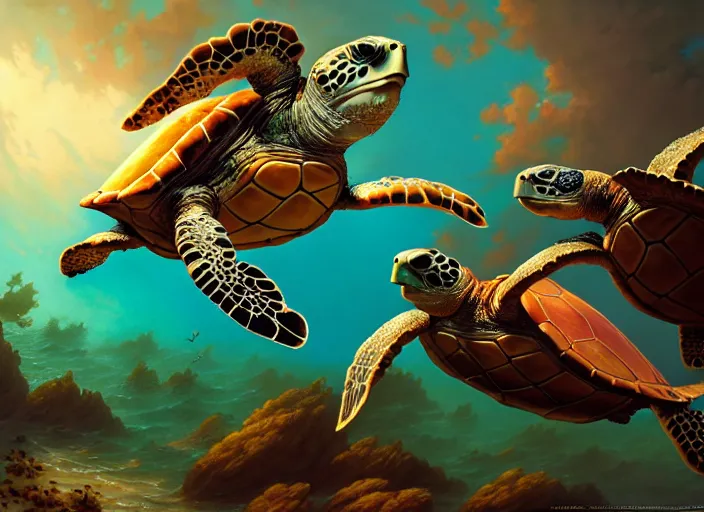 Prompt: sea turtles, vibrant colors, jesper ejsing, james jean, justin gerard, tomasz alen kopera, cgsociety, fenghua zhong, makoto shinkai, octane render, highly detailed, rim light, art, cinematic lighting, very coherent, hyper realism, high detail, 8 k