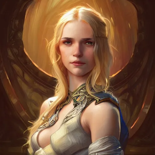 Image similar to an epic fantasy comic book style portrait painting of a young blonde girl thief, d & d, fantasy, joyful smirk, intricate, elegant, highly detailed, digital painting, artstation, concept art, matte, sharp focus, illustration, art by artgerm and greg rutkowski and alphonse mucha