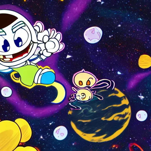 Prompt: Liminal space in outer space, Cuphead style, colorized