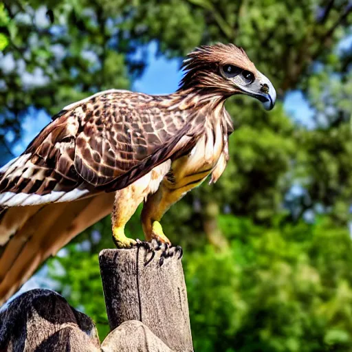 Image similar to hawk morphed with velociraptor, hybrid animal, sharp claws and beak, high quality picture taken in zoo