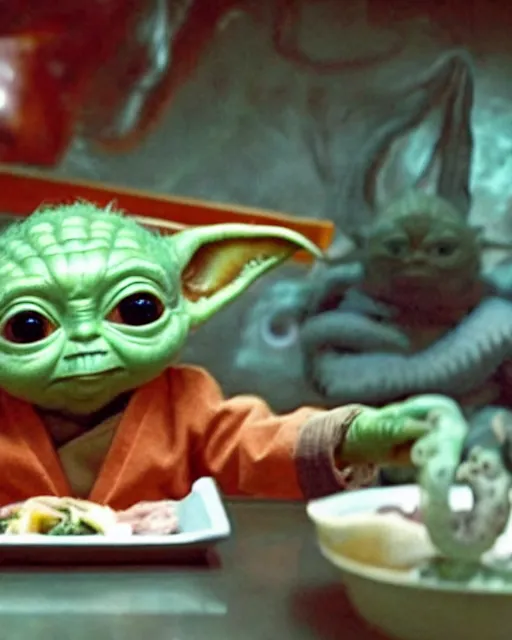 Prompt: baby yoda eating an alien squid thing in the style of dae - su eating an octopus at the sushi bar in oldboy