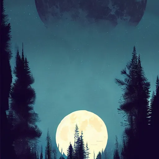 Image similar to rocky mountains at night, by ismail inceoglu, large full moon centered in the background, pine trees, digital art, illustration, detailed, spooky, gloomy, 8 k render