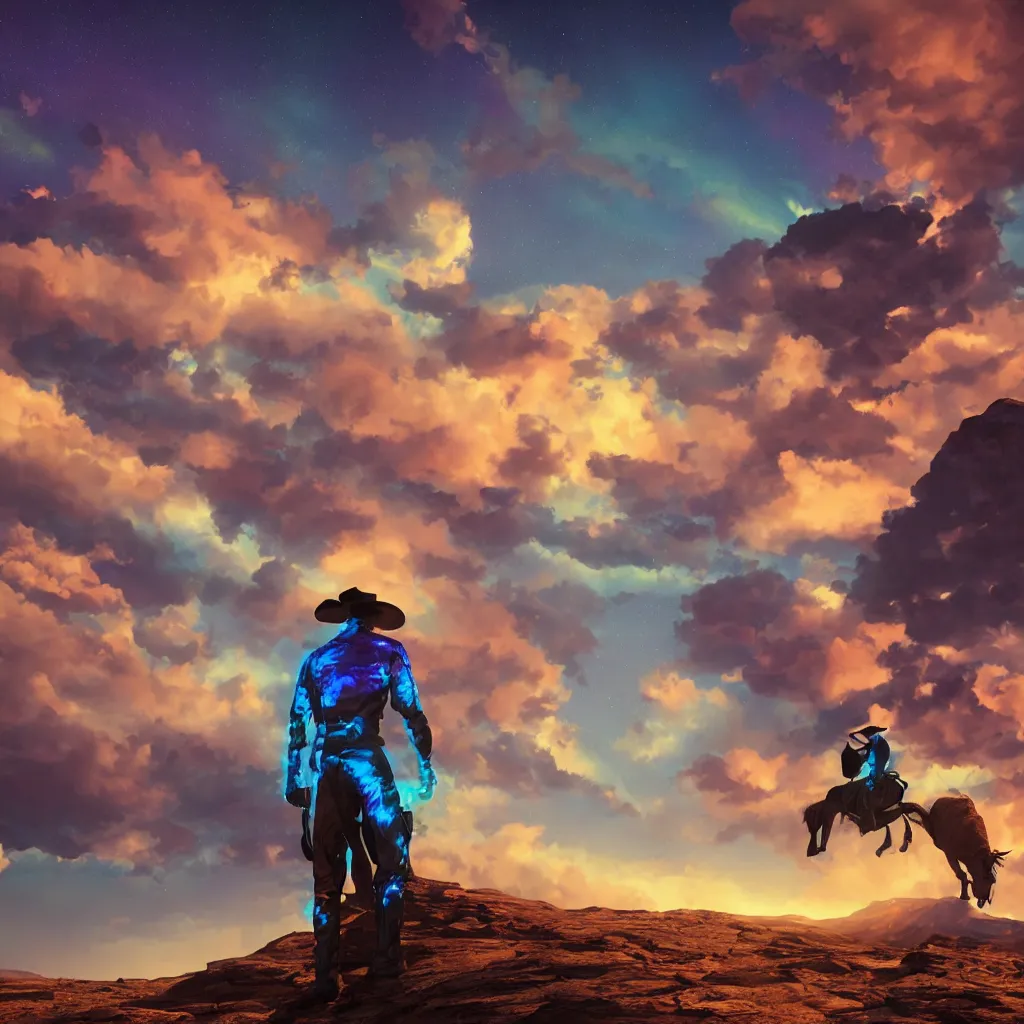 Image similar to octane render by laurie greasley and asher brown durand, a cowboy wearing a full - body iridescent suit and cowboy hat inside a scenic western landscape with colorful clouds, cinema 4 d, 8 k, volumetric lighting and shadows