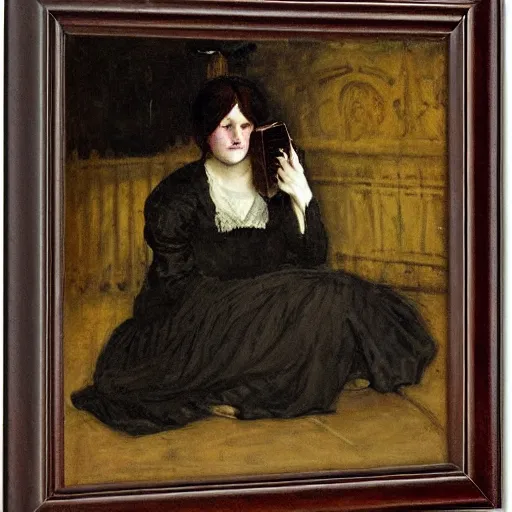 Image similar to scared young victorian lady reading a horror book, painted by alfred stevens