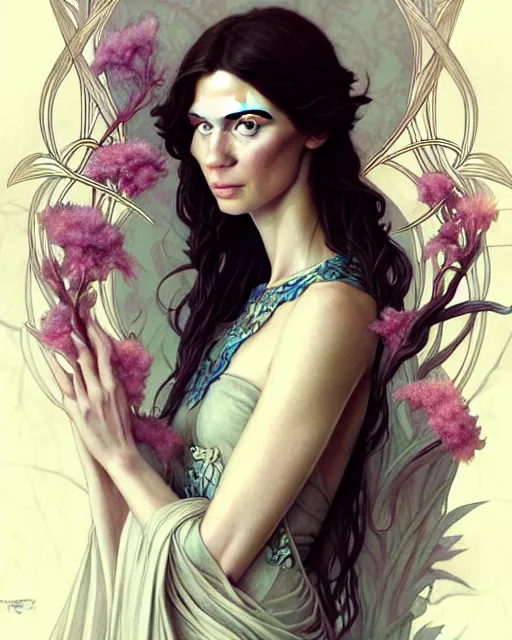 Image similar to beautiful and playful ethereal caitriona balfe portrait, art nouveau, fantasy, intricate flower designs, elegant, highly detailed, sharp focus, art by artgerm and greg rutkowski and wlop