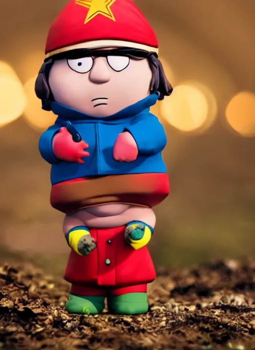 Prompt: a 2 8 mm macro photo of eric cartman funko pop, splash art, movie still, bokeh, canon 5 0 mm, cinematic lighting, dramatic, film, photography, golden hour, depth of field, award - winning, anamorphic lens flare, 8 k, hyper detailed, 3 5 mm film grain