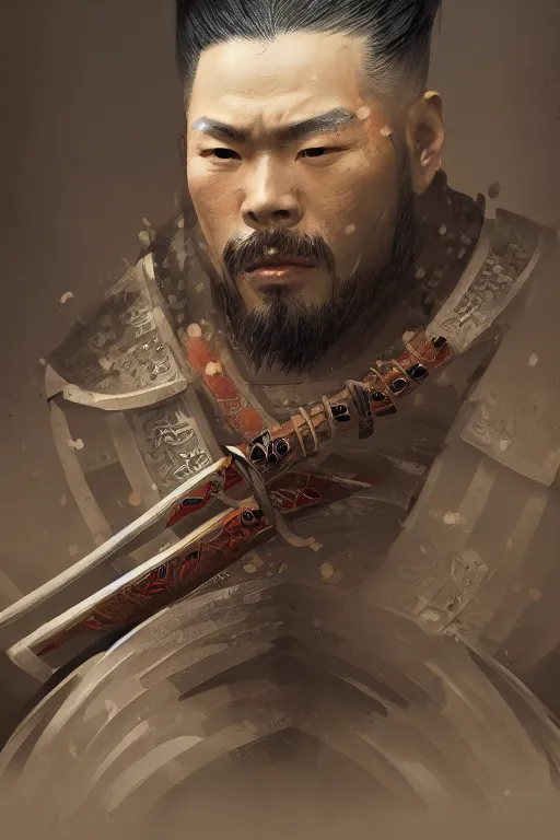 Prompt: highly detailed portrait of a samurai warrior, ornate, digital painting, artstation, concept art, smooth, clear focus, greg rutkowski, artgerm, global lighting, detailed and fantasy