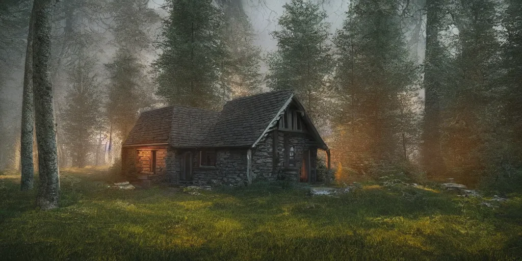 Image similar to a cottage in the woods and empty woods, fantasy, hyper realistic, dramatic lighting, 8k