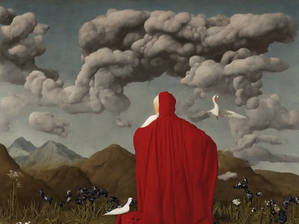 Prompt: albino mystic, with his back turned, looking at a storm over over the mountains in the distance, with beautiful exotic crane and iris flower. Painting by Jan van Eyck, Audubon, Rene Magritte, Agnes Pelton, Max Ernst, Walton Ford