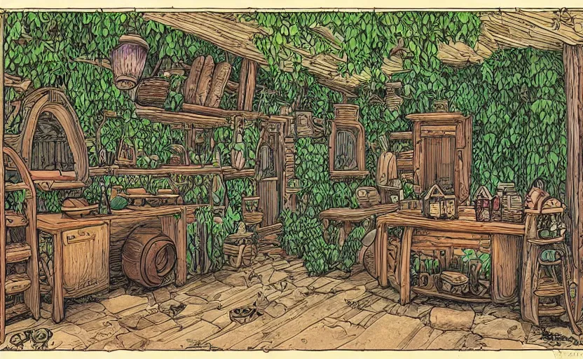 Image similar to witch's cabin full of potions, a cauldron on a counter with a sales register, lush vegetation, by moebius
