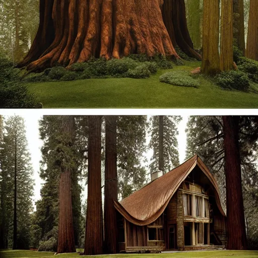 Prompt: house built into and inside a single giant sequoia. photograph by jerry uelsmann.