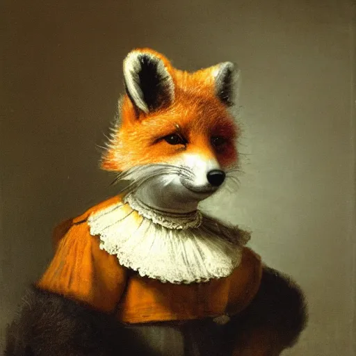 Prompt: rembrandt painting of a cute anthropomorphic fox dressed as a maid