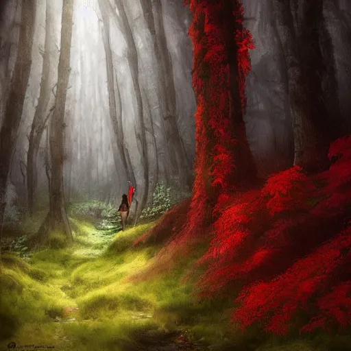 Prompt: (((red glow))) coming from cave entrance in ethereal lush forest with mystical ambiance and fog, desaturated, realistic, sharp focus, highly detailed, by artgerm