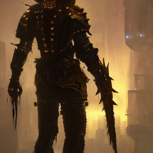 Image similar to anthropomorphic cyberpunk warrior stands tall wearing black and gold armor, oil painting, Tooth Wu, Greg Rutkowski, RPG, dynamic lighting, fantasy art, High contrast, depth of field, landscape, scenery