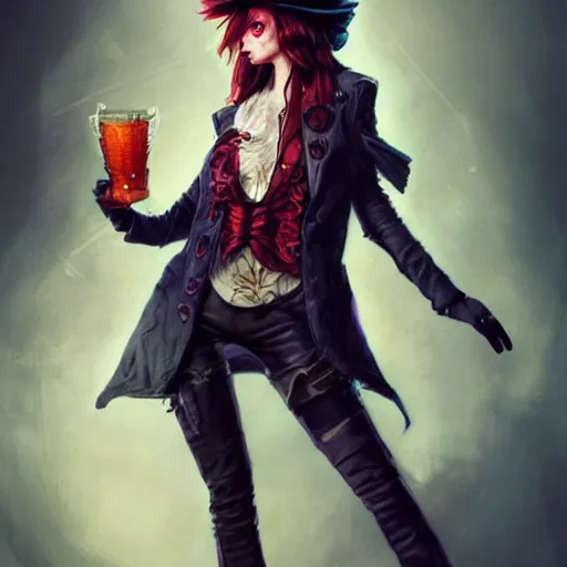 Image similar to realistic, full body portrait, attractive punk female mad hatter, by Jordan Grimmer and greg rutkowski, crisp lines and color,