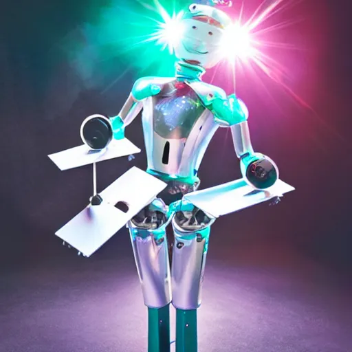 Image similar to weird humanoid robot juggling 5 clubs, glamour shot