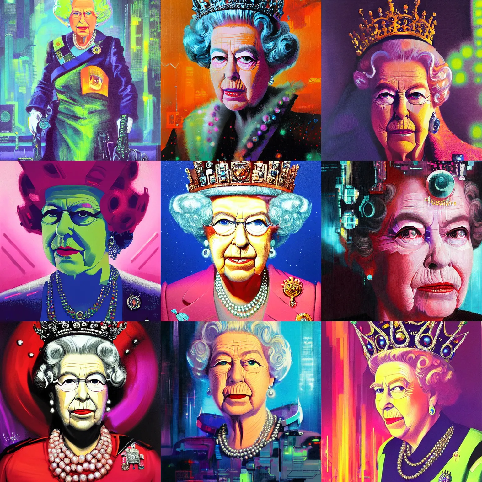 Prompt: a cyberpunk half length portrait of queen elisabeth ii, by paul lehr