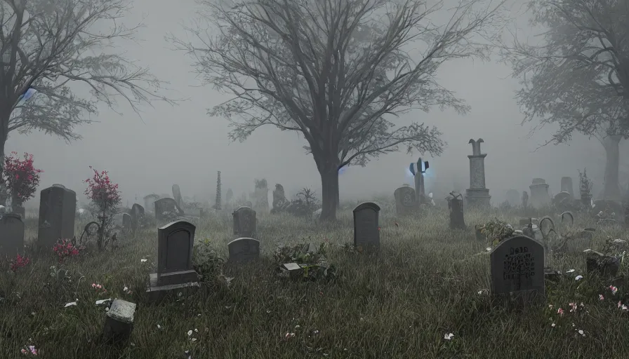 Prompt: Lonely grave in an old cemetery abandoned for centuries, grey sky, light fog, wilted flowers, hyperdetailed, artstation, cgsociety, 8k