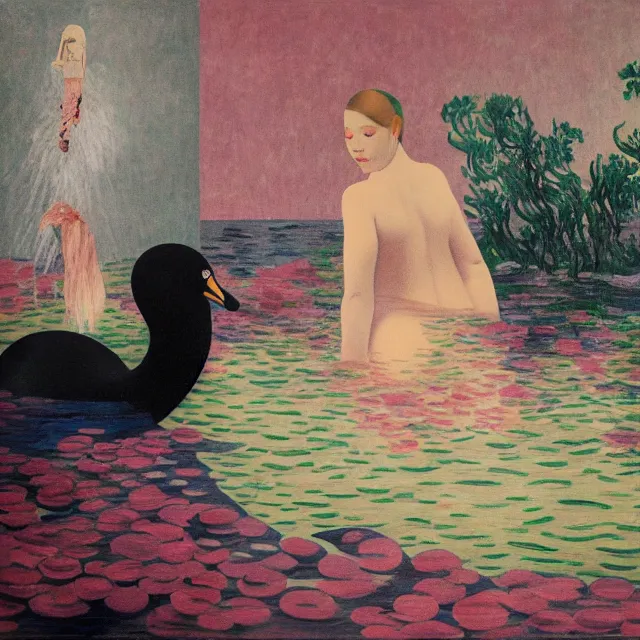 Image similar to female emo art student in her bath, painting of flood waters inside an artist's feminine bedroom, a river flooding indoors, pomegranates, pigs, ikebana, water, octopus, river, rapids, waterfall, black swans, canoe, berries, acrylic on canvas, surrealist, by magritte and monet