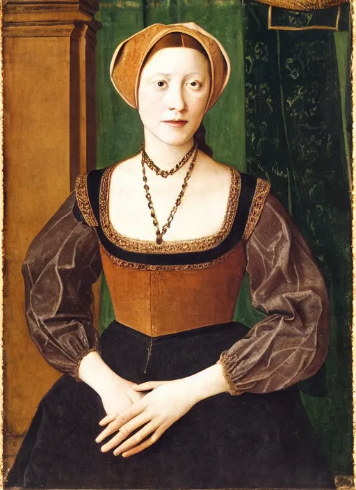 Image similar to portrait of young woman in renaissance dress and hennin,