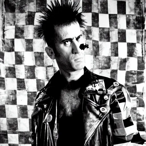Prompt: punk rock, travis bickle has a mohawk, on a checkered floor, studio portrait