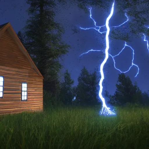 Image similar to a ultra realistic blue lightning arc over a cabin in the wood, by night. complex, highly detailed, unreal engine 5, 8 k render