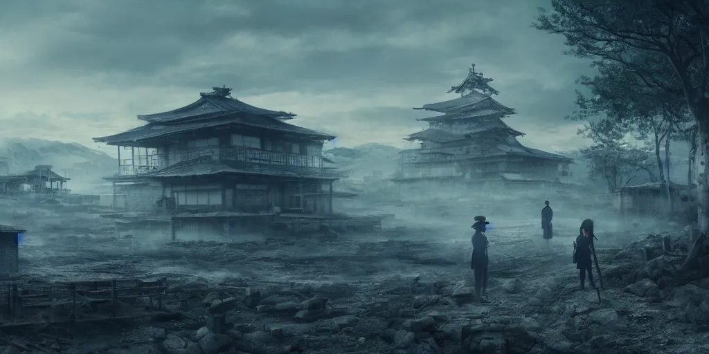 Prompt: 4k portrait realistic of a genshin dystopian landscape with stunning visuals