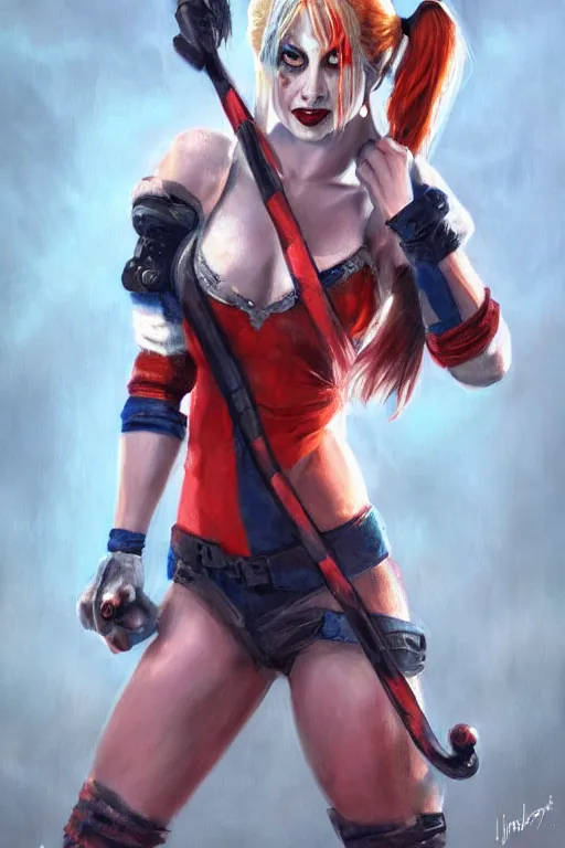 Image similar to a full body high detail fantasy portrait oil painting illustration of harley quinn by justin sweet with face and body clearly visible, in a scenic background, pretty eyes, realistic proportions, d & d, rpg, forgotten realms, artstation trending, high quality, sombre mood, artstation trending, muted colours, entire person visible!