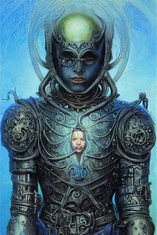 Image similar to portrait of beautiful gothic young man, warhammer, cyber armor, a lot of scars, more and more flowers, blue head, the middle ages, highly detailed, artstation, illustration, art by jean delville, 8 k quality, otherworldly, andre le notre, psychedelic