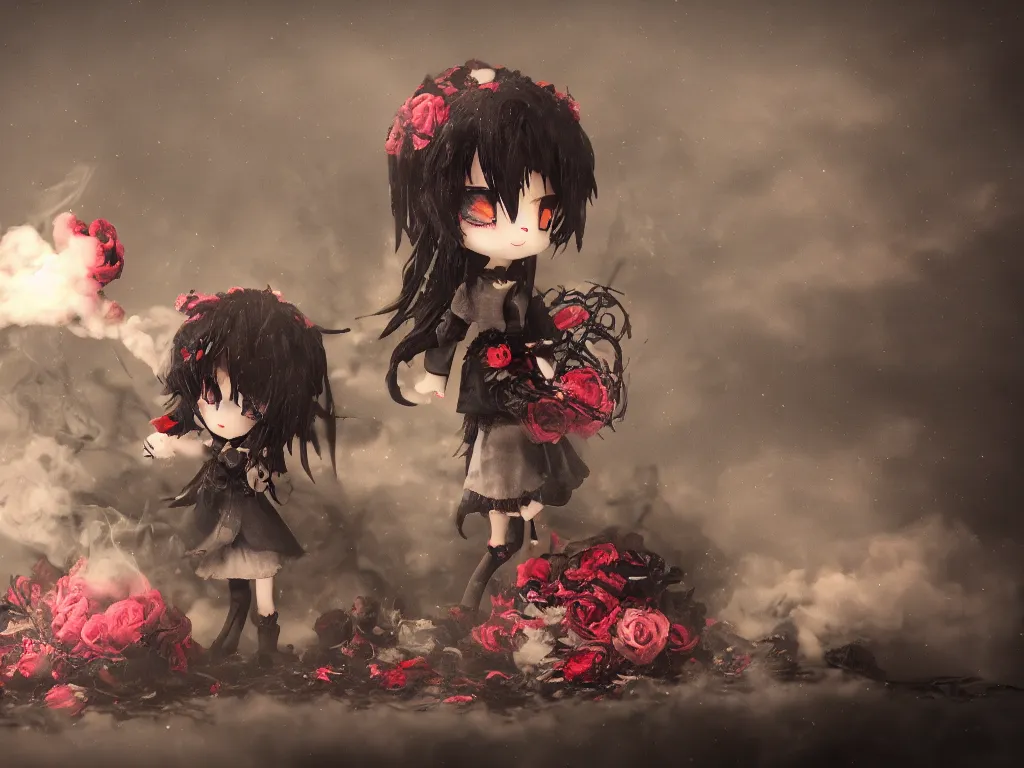 Image similar to cute fumo plush of a gothic maiden girl clutching lots of decayed roses, stale twilight, swirling vortices of emissive smoke and volumetric fog over the river, bokeh, vignette, vray