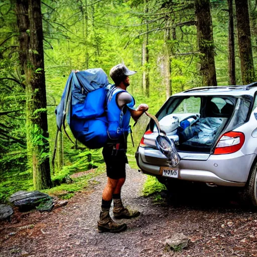 Image similar to hiker unloading the car before camping, style by fernando sawa