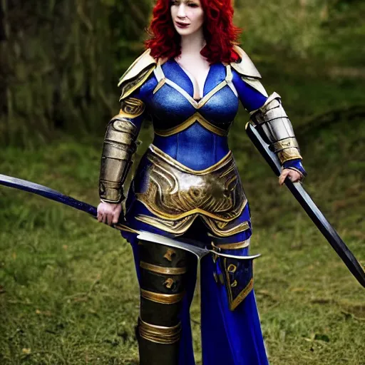 Image similar to full body photo of christina hendricks as a female warrior with lapis lazuli armour