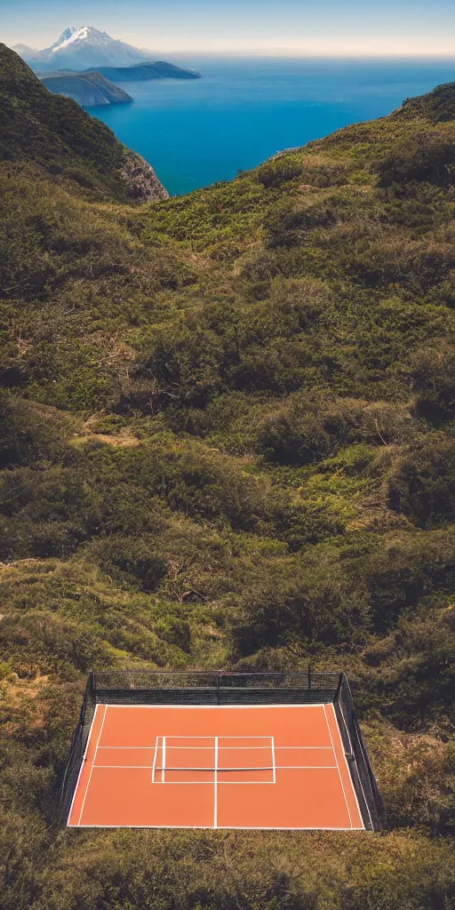 Image similar to Tennis court between mountains and sea. the style of National Geographic magazine