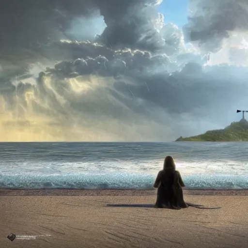 Prompt: a highly detailed vector render of a large cross standing on the beach as a storm comes in with the tide, woman sitting in the sand watching the ocean, epic fantasy, god rays, rocky beach, aerial photography, volumetric lighting, octane render, exquisite detail, 8 k, art by hayao miyazaki and albert bierstadt and alphonse mucha