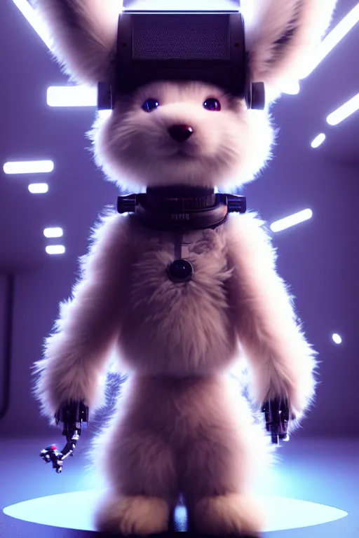 Image similar to high quality 3 d render very cute fluffy cyborg!! dog! plays synthesizer, cyberpunk highly detailed, unreal engine cinematic smooth, in the style of blade runner & detective pikachu, hannah yata charlie immer, moody light, low angle, uhd 8 k, sharp focus