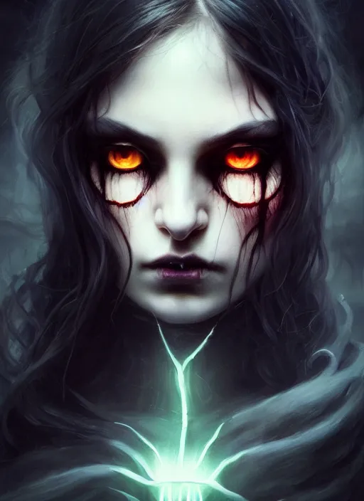 Prompt: full face epic portrait, victorian gothic cursed witch glowing eyes, elden ring, matte painting concept art, midjourney, beautifully backlit, swirly vibrant color lines, majestic, cinematic aesthetic, smooth, intricate, 8 k, by ilya kuvshinov, artgerm, darius zawadzki and zdizslaw beksinski