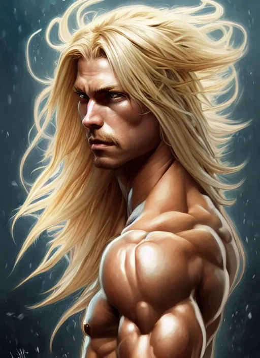 Image similar to symmetry! portrait of barbarian, blond hair, d & d, muscular!! fantasy, intricate, elegant, highly detailed, digital painting, artstation, concept art, smooth, sharp focus, illustration, art by artgerm and greg rutkowski and alphonse mucha