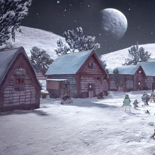 Image similar to a snowy village on the moon, 8 k, highly detailed, unreal engine render