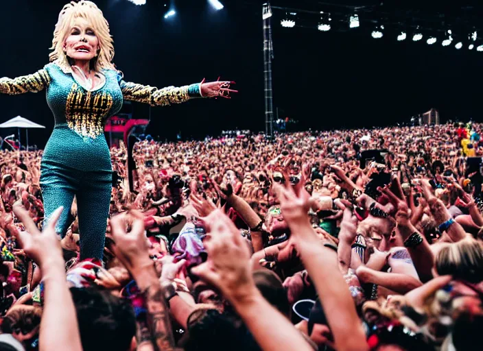 Image similar to photo still of dolly parton at the vans warped tour 2 0 1 8!!!!!!!! at age 3 6 years old 3 6 years of age!!!!!!!! stage diving into the crowd, 8 k, 8 5 mm f 1. 8, studio lighting, rim light, right side key light