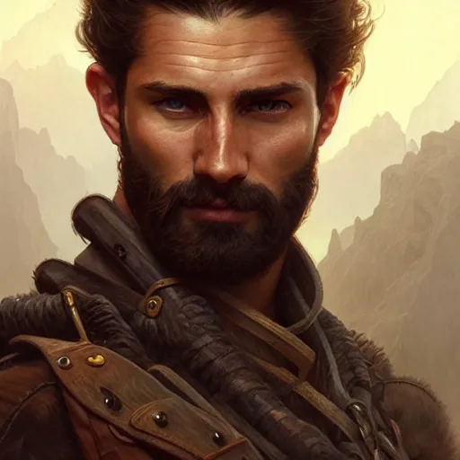 Image similar to portrait of a rugged ranger, handsome, muscular, 30 years old, D&D, fantasy, intricate, elegant, highly detailed, digital painting, artstation, concept art, matte, sharp focus, illustration, art by Artgerm and Greg Rutkowski and Alphonse Mucha