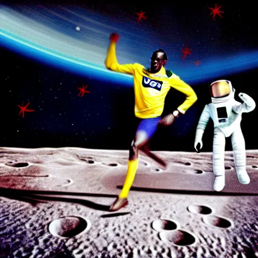 Image similar to usain bolt racing against an astronaut on the moon, kodachrome film